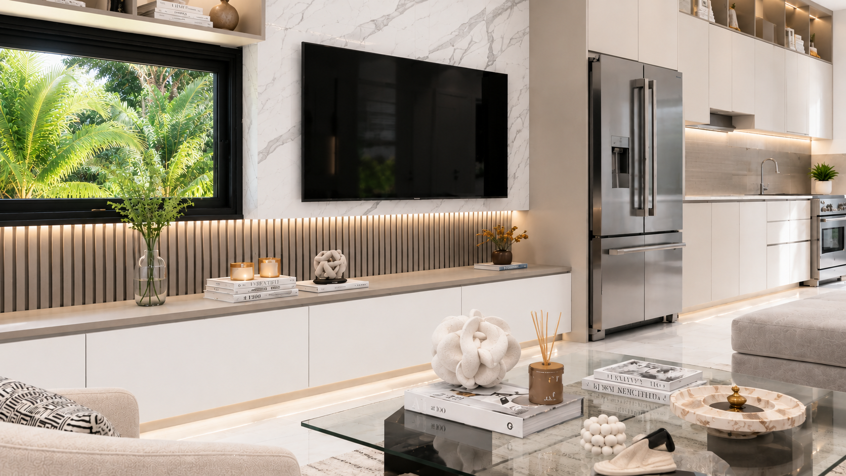 The Summit penthouse open-plan living room and kitchen, daytime